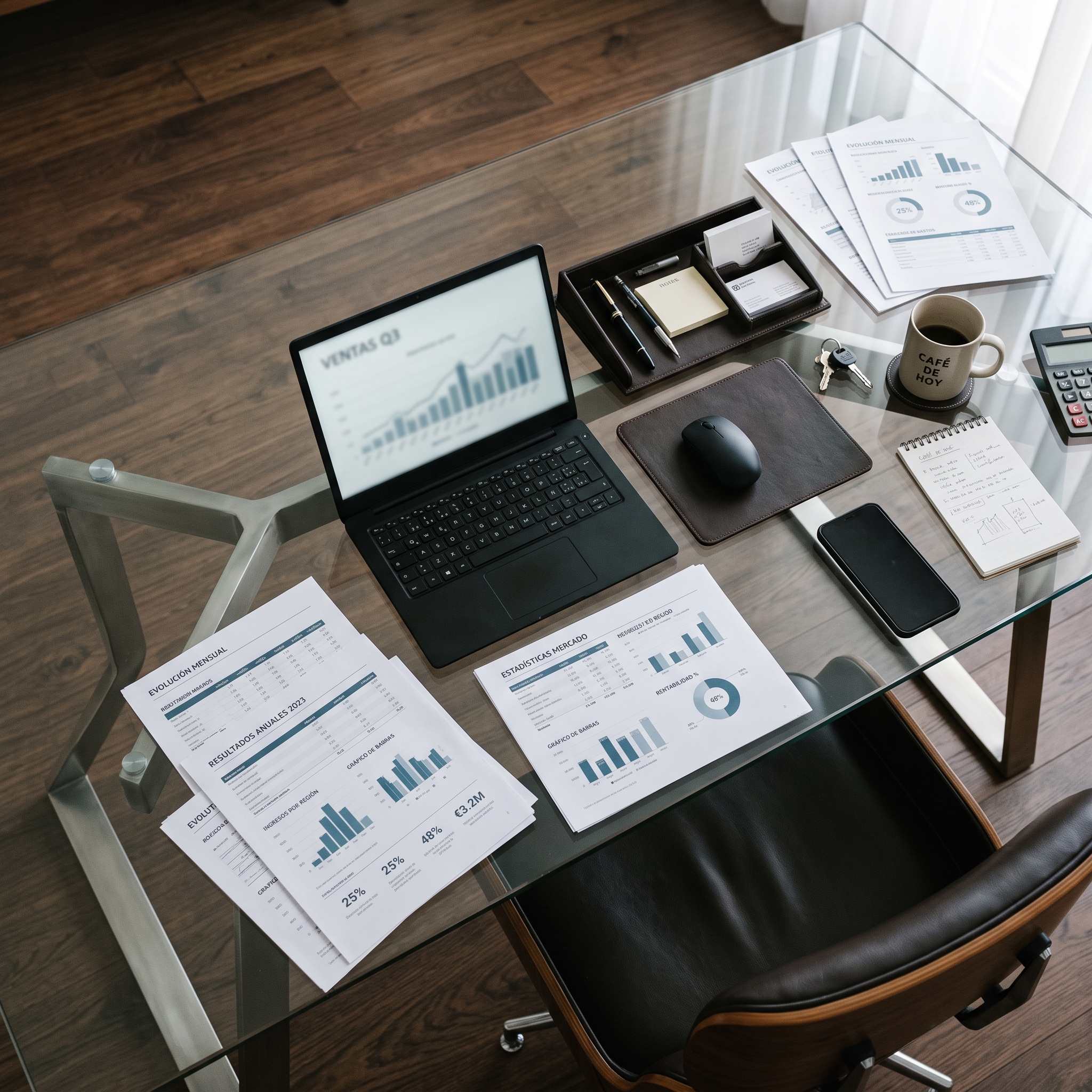 Mesa de trabajo y consultoría estratégica con informes y portátil